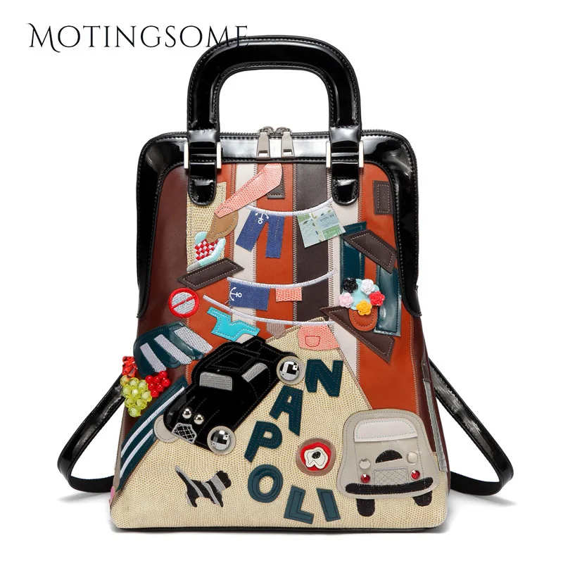 Женский рюкзак в национальном стиле кожаный с вышитым рисунком автомобиля милый