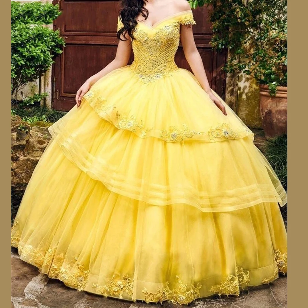 

Желтое платье принцессы с кружевной аппликацией и открытыми плечами, милое платье 16 дюймов, бальное платье со шлейфом, платья 15