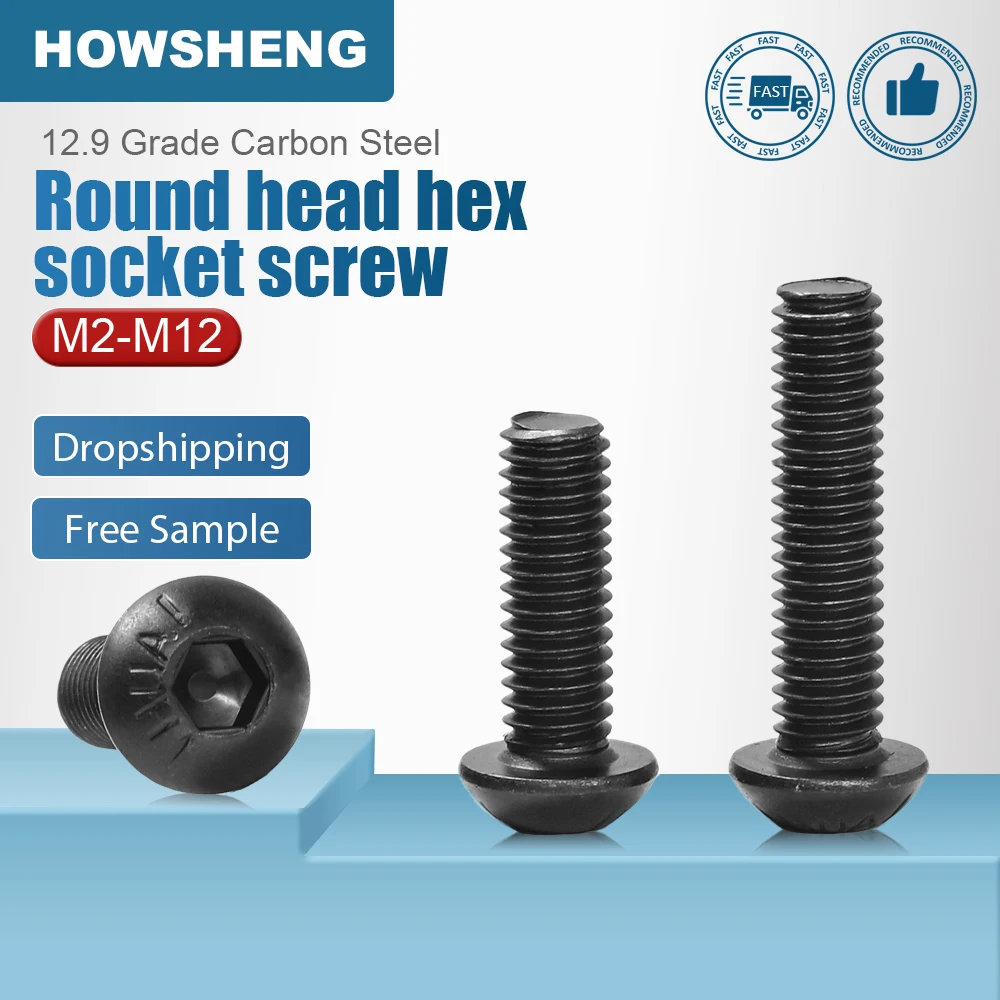 

HOWSHENG 2-100pcs Hex Socket Button Round Head Screw Bolt M2 M2.5 M3 M4 M5 M6 M8 M10 M12 Carbon Steel Allen Screw Black