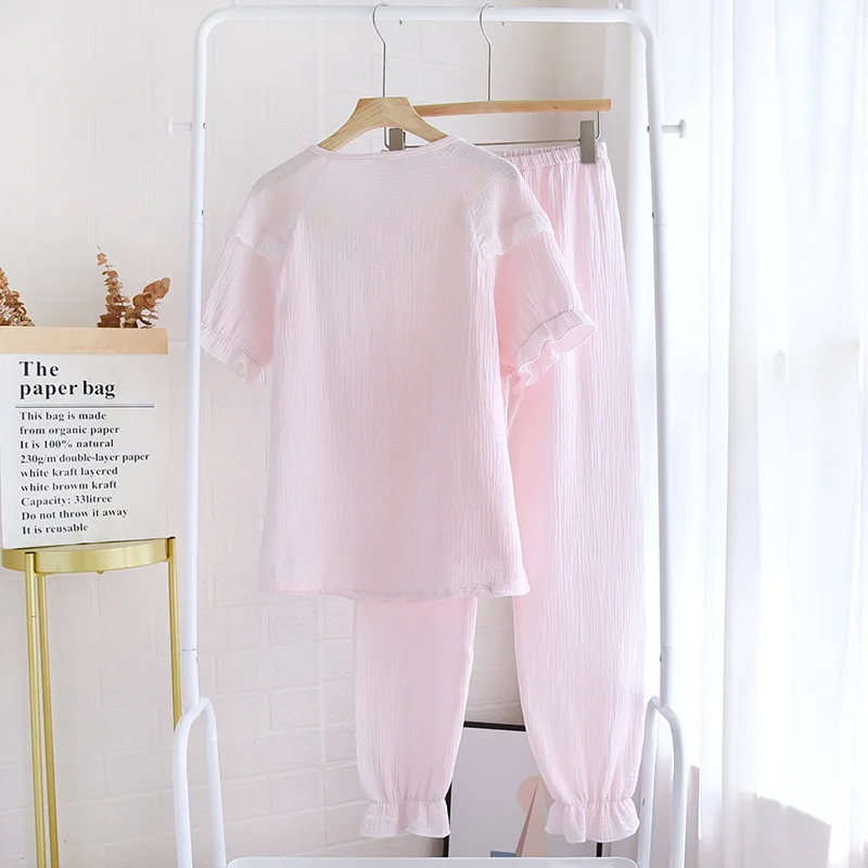 Summer Loungewear Pajamas Set Crepe Raglan Embroidered Short-sleeved Trousers Casual Pyjamas Women Sleepwear Nightwear Pajama