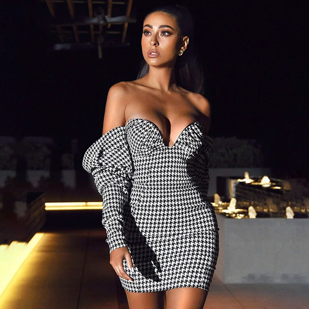 

2021 New Women's Houndstooth Word Shoulder Wrap Dress Skirt Tight High Waist Bag Hip Dress Sexy Street Party Spring Autumn