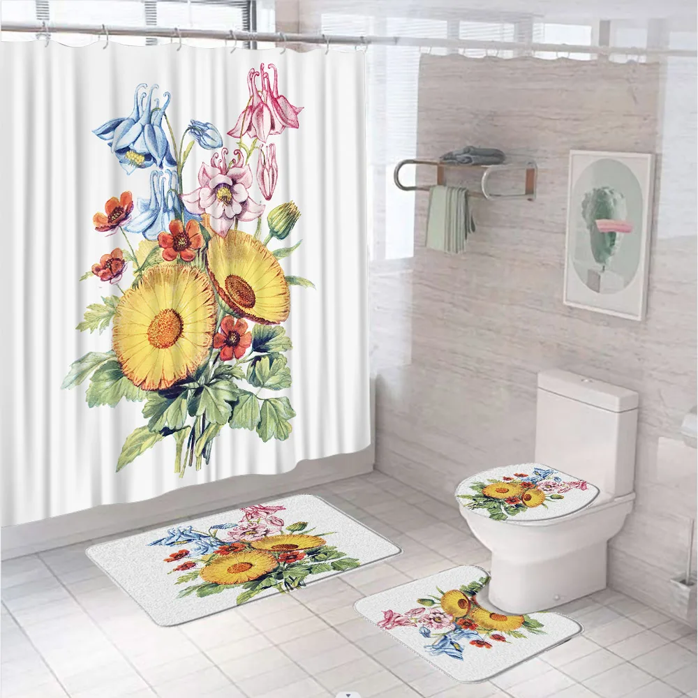 

4Pc Vintage Floral Bathroom Shower Curtain Set Colorful Flower Leaves Fabric Screen Girl Anti-slip Rug Bath Mat Toilet Lid Cover