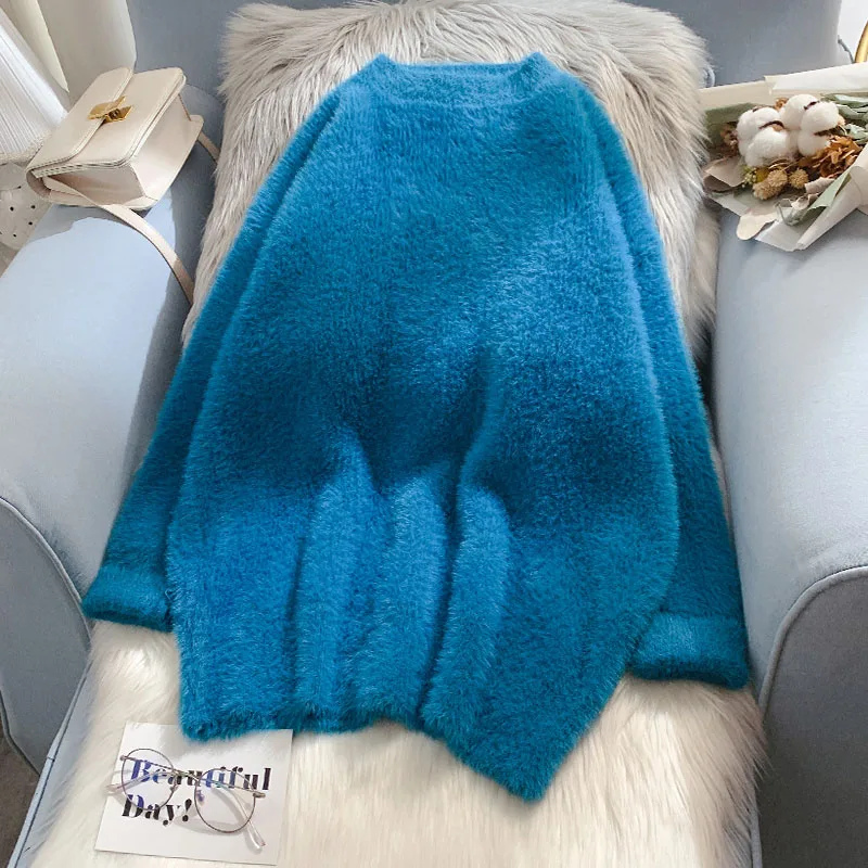 

EBAIHUI Faux Mink Cashmere Sweaters Pullover Solid Long Sleeve Sweater 2022 Autumn Winter Women O Neck Knitted Jumpers Sweater