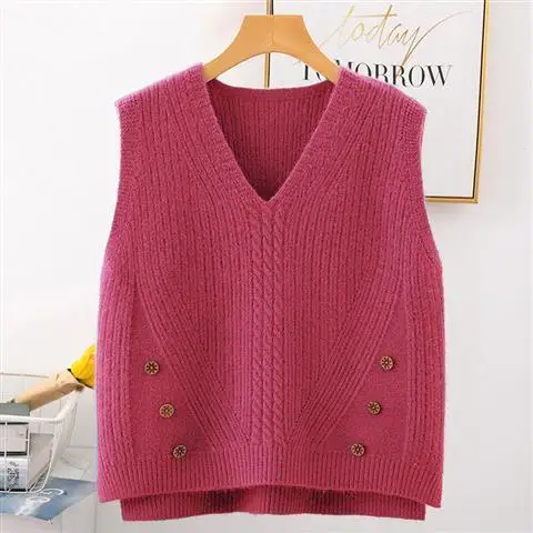 

Rose Red Spring Autumn Women's V-neck Girls' Sweater Vest Loose Knit Outer Wear Leisure Student Coat Top Cloth for Women Girl