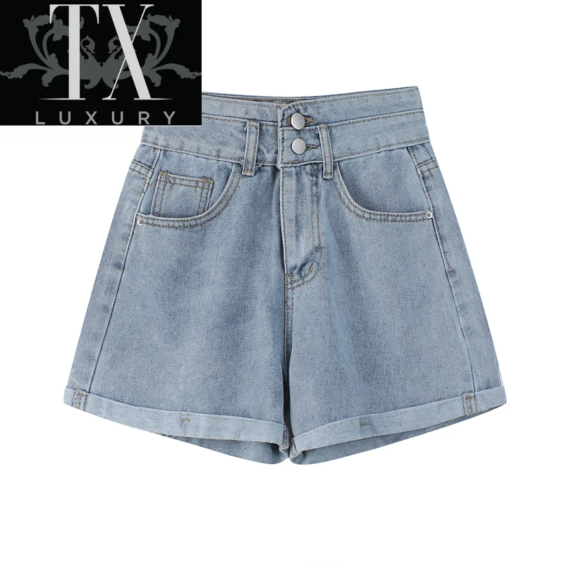 

Summer New High Waist Wide-Leg Women's Black And Blue Loose Double-Buckle A-Line Curling Denim Shorts Female