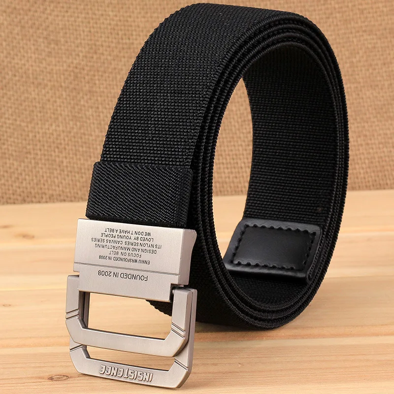 Casual Nylon Belt For Men Double Ring Metal Buckle Belts Elastic Canvas Outdoor Sports Hunting Tactical Belt Fashion Accessories