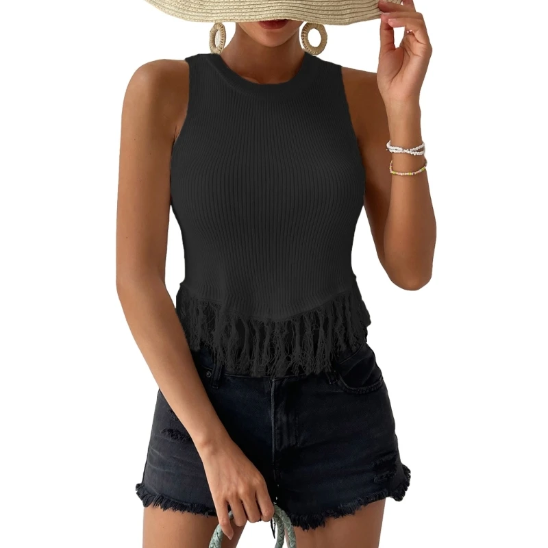 

Модный топ с кисточками на подоле, женский топ с круглым вырезом, трикотажные майки, облегающий летний топ, топы 57BD
