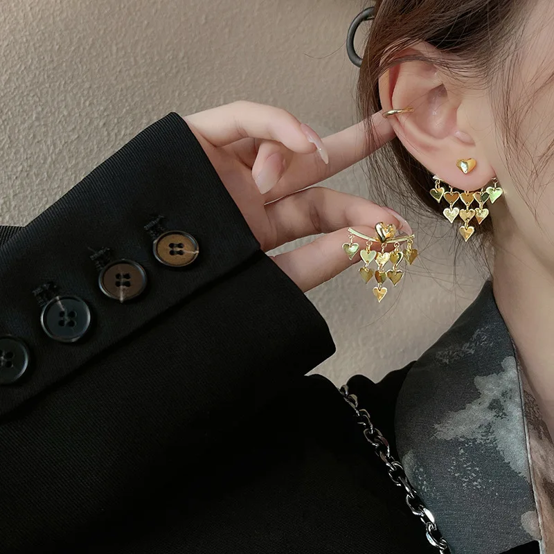 

Exquisite Luxurious Back Hung Heart-shaped Metal Sheets Earrings High Quality Trend Shining Hypoallergenic Stud Earrings