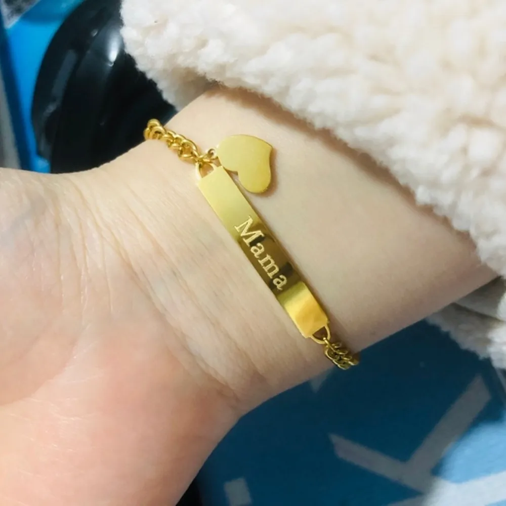 

Custom Jewelry Name ID Bracelet Women Gold Bar Engraved Baby Name Heart Stainless Steel Pulseras Personalized Mama Gift BFF