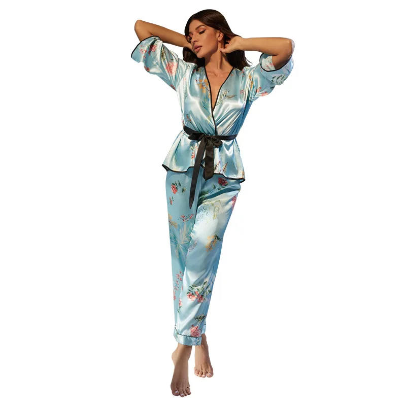 Floral Print Women Two-Piece Pajama Set Vintage Silk Sleepwear V-Neck Home Clothing Leisure Pyjamas Set Female Nightwear Lounge