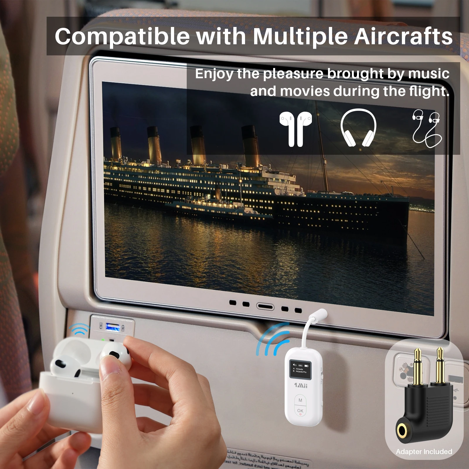 Фото Адаптер Bluetooth 1Mii Airplane 3.5mm AUX с поддержкой Aptx-LL/HD и адаптивным Bluetooth 5.2, беспроводной аудиопередатчик и приемник №3