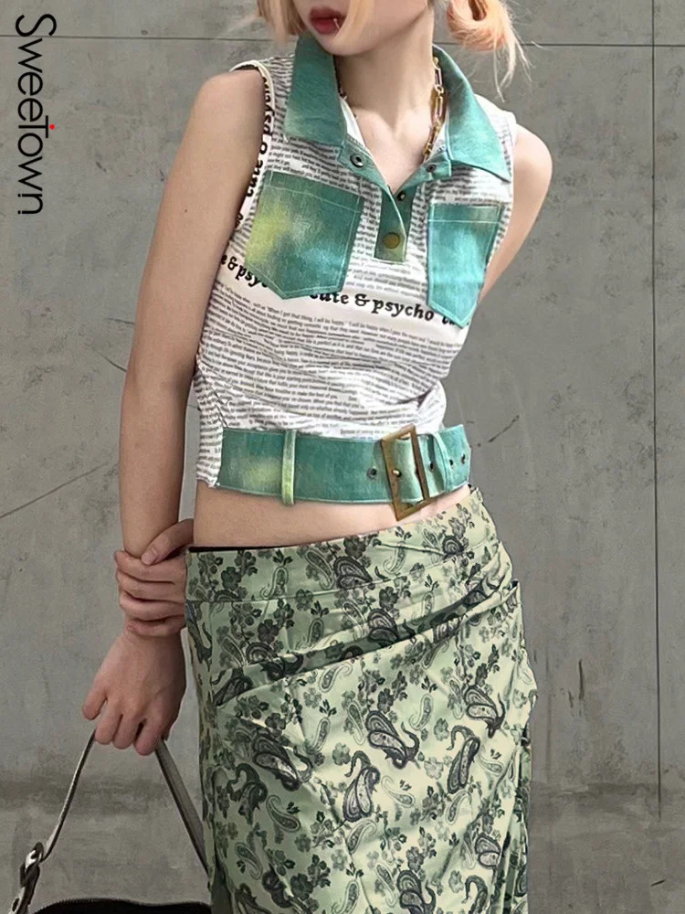 

Sweetown Retro Street Style Sleeveless Tank Vest Female Contrast Patchwork Grunge Clothes ButtonUp Turn Down Collar Crop Top Tee