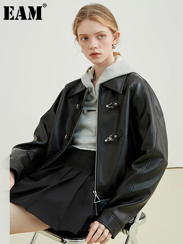 

[EAM] Loose Fit Black Pu Leather Big Size Jacket New Lapel Long Sleeve Women Coat Fashion Tide Spring Autumn 2023 1DE2437