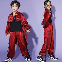 kid vintage wine red print crop top long sleeve shirt swallowtail shirt strap pants for girl boy jazz dance costume set clothes