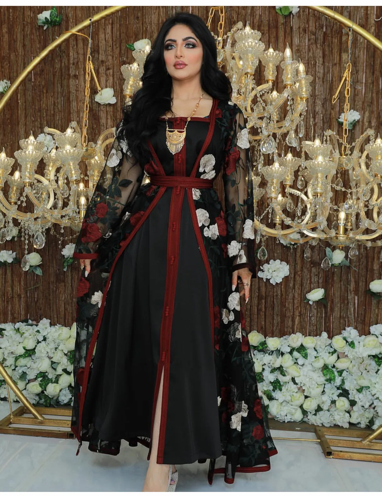 

turkey Dubai Arabic Muslim women Dress Satin Abaya embroidery lace floral dresses sets 2 pieces Islamic Pakistan Moroccan Kaftan