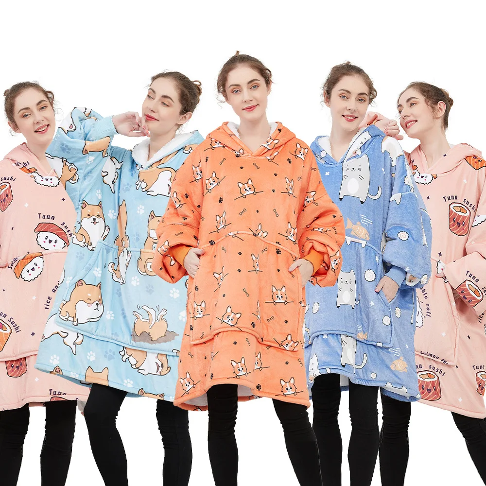 

Winter Thermal Coat Christmas Decorative Pattern Oversized Women's Hooded Sweater Slacker Blanket Double Layer Cashmere Hoodies