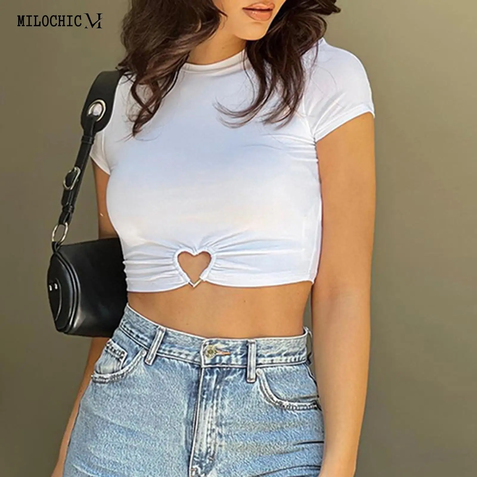 

Women Short Sleeve Top Navel Exposed Ladies Crop Top Shirt Crew Neck Solid Color Slim Fit Hollow Out Streetwear Outfit