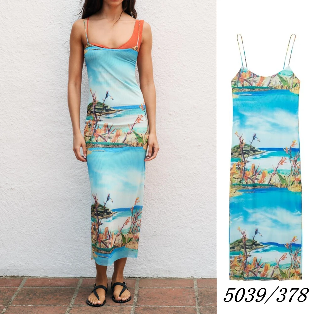 

Летнее новое платье UNIZERA, женское Повседневное платье для отпуска, сексуальное платье с открытой спиной и принтом из тюля на тонких бретельках, женское платье 5039378