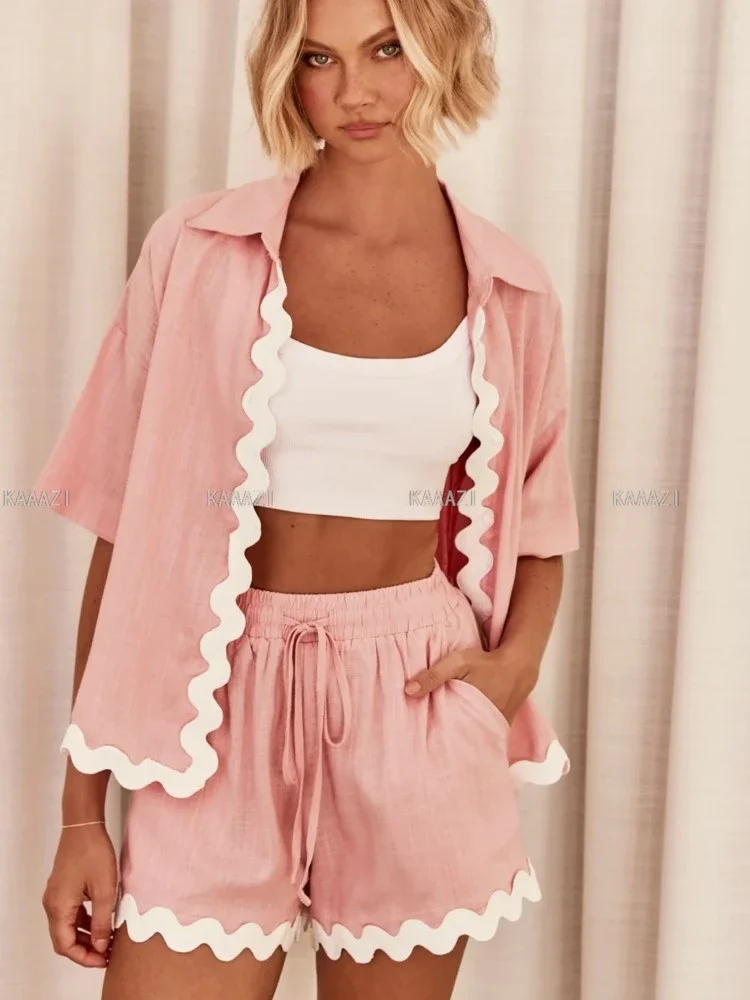 Повседневная Женская рубашка с коротким рукавом топ костюмы летние шорты