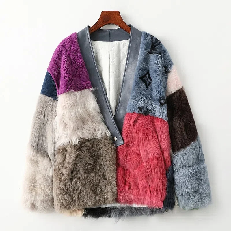 FANIECES 100% Real Lamb Fur Coat Women Winter Jacket Warm Streetwear Contrast V-Neck Fur Coat Natural Fox Fur Collar Overcoat