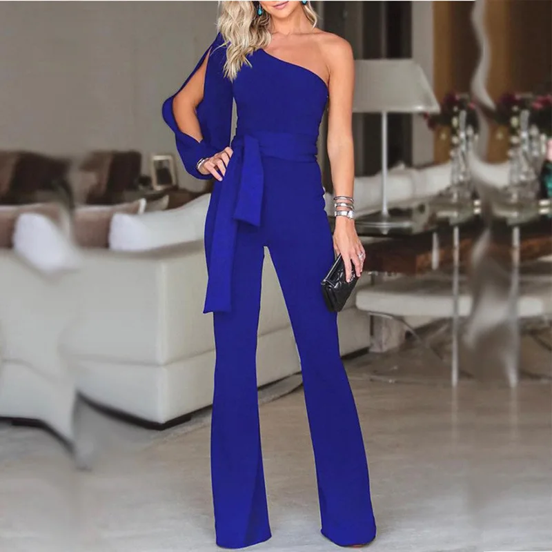 

Women Jumpsuits Sexy Solid Slim Long Sleeves One Shoulder Jumpsuits Women Off-Shoulder Slash Neck High Waist Straight Jumpsuits