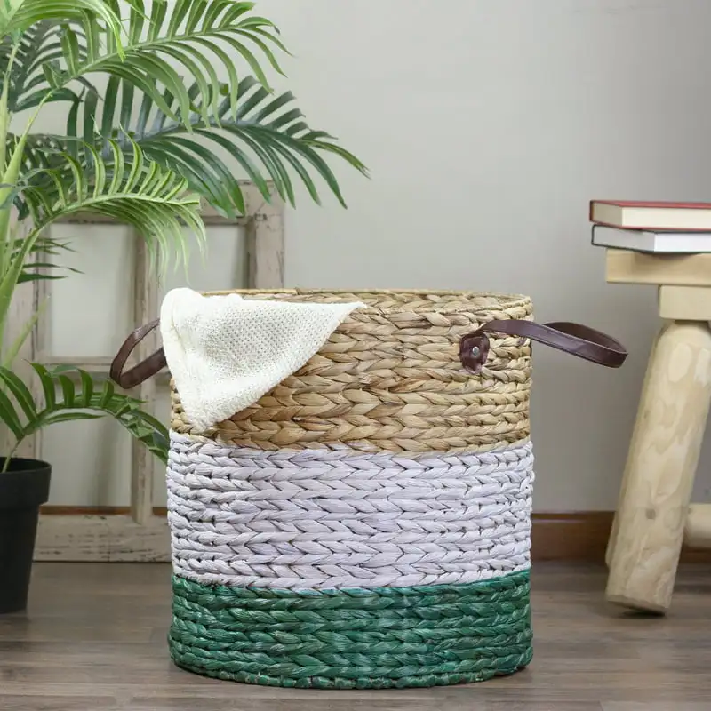 

Beautiful Beige, White and Teal Braided Wicker Basket with Handles