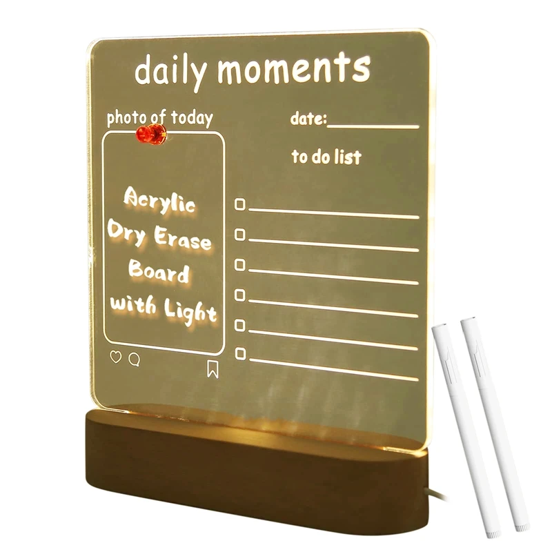 

PPYY-USB Acrylic Daily Moments Photo Memo Message Board With Wood Stand Holder Set Lamp Creative School Stationery