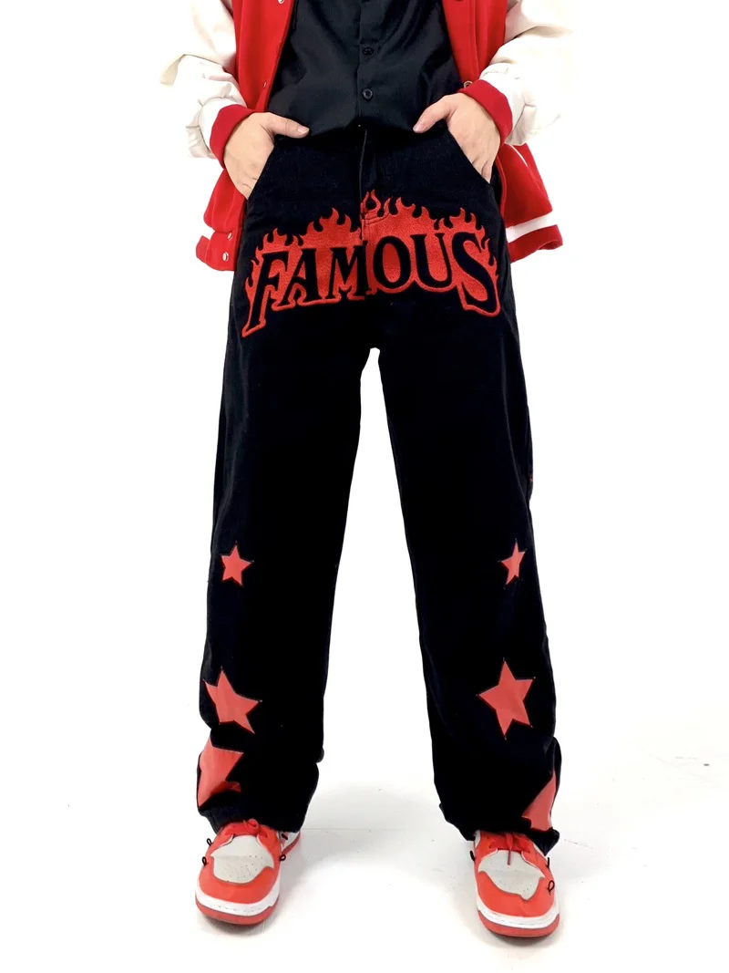 High Street Letter Embroidery Star Patchwork Denim Pants Mens Straight Zipper Jeans Hip Hop Streetwear New Casual Joggers Pants