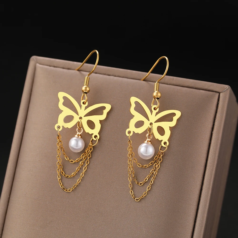 

Винтажные серьги из нержавеющей стали с жемчугом и бабочкой, изысканные универсальные модные Подвесные серьги с кисточками для женщин, юве...