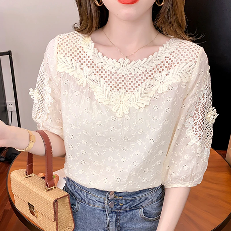 

Sweet Apricot Lace Shirt Fashion Half Sleeve Clothes French Style O-neck Hollow Women Tops 2023 Summer Solid Blouse Blusas 21217