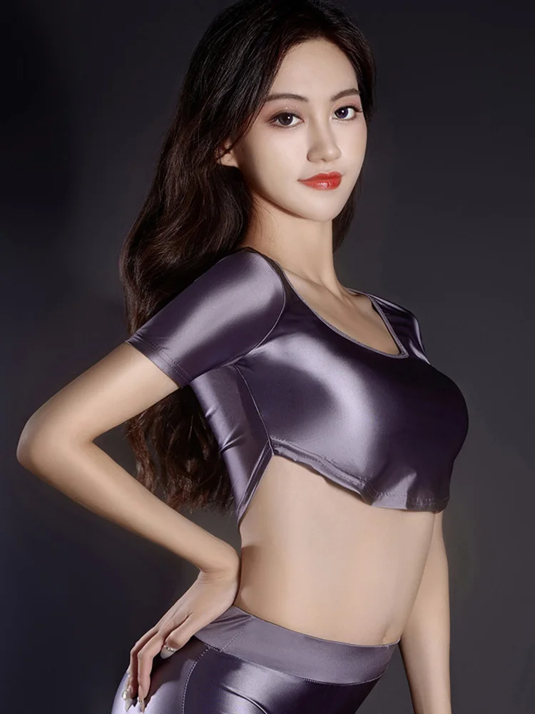 

Пикантные женские блестящие короткие колготки ярких цветов для косплея, повседневные сексуальные колготки, топ с высоким вырезом и глубоким V-образным вырезом, Короткие топы, танцевальная одежда с вырезами