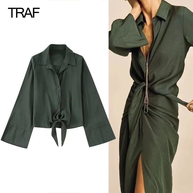 

Женская зеленая рубашка с рукавом-фонариком и бантом