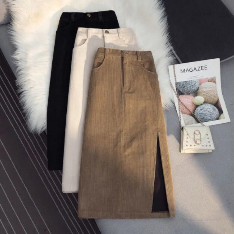 

DUOFAN Vintage A-line Skirts Women High Waist Corduroy Medium Long Slit Slim Wrap Hip Skirt Lady Hong Kong Style Autumn Skirt
