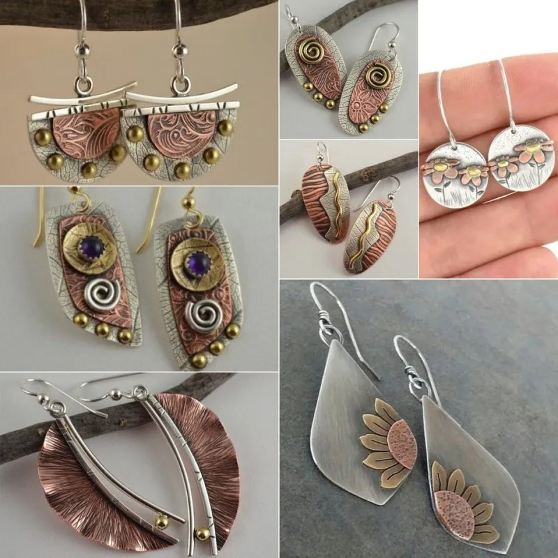 

Ethnic Bronze Semicircle Hook Earrings Vintage Metal Two Tone Carving Pattern Handmade Drop Earrings for Women Jewelry