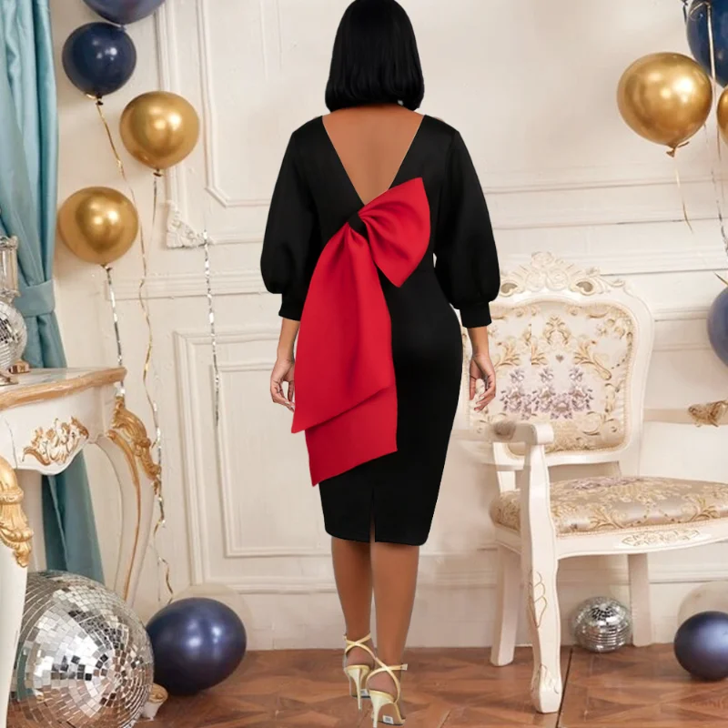 

Elegant Dresses V Neck Puff Sleeve Big Bow Stitching Backless Spring Autumn Sexy Sweet Cute Party Prom Classy Dresses for Women