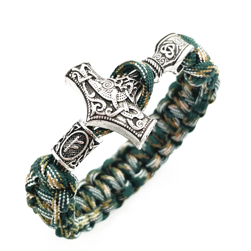 

Thor Hammer Valknut Vegvisir Compass Trinity Runes Beads Viking Bracelet Men Women Runas Vikingas Paracord Jewelry Gifts