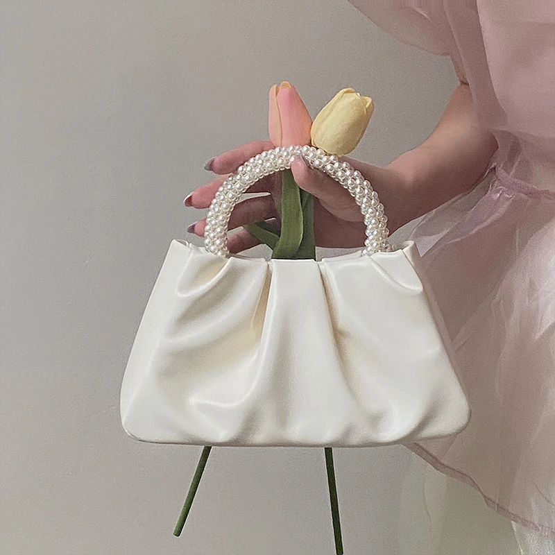 

Ladies White Handbag New Pearl Women's Small Handheld Bag Folded Cellphone Clouds Bag Wedding Party Shoulder Messenger Mini Bags