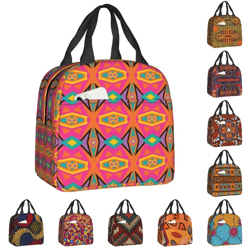 African Tribal Ankara Fabric Style Pink Thermal Insulated Lunch Bags Women Geometric Ethnic Art Portable Lunch Tote Food Box