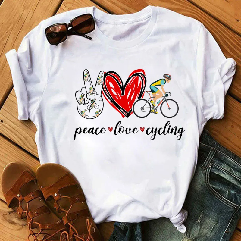 

Peace Love Cycling T Shirt New Fashion Women T Shirt Female Harajuku Cute Graphic Tops Tee Women Short Sleeve Cartoon T-shirts