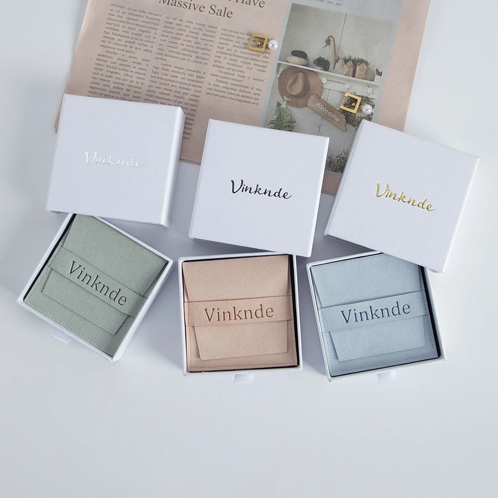 Luxury 7x7x1.7cm White Drawer Jewelry Boxes Custom Logo Microfiber Suede Gift Bags Earrings Ring Necklace Packaging Case Pouches