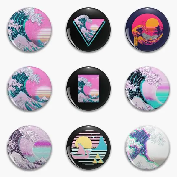 

Vaporwave Aesthetic Great Wave Off Kanagawa Retro Sunset Soft Button Pin Customizable Cute Creative Lover Collar Cartoon Decor
