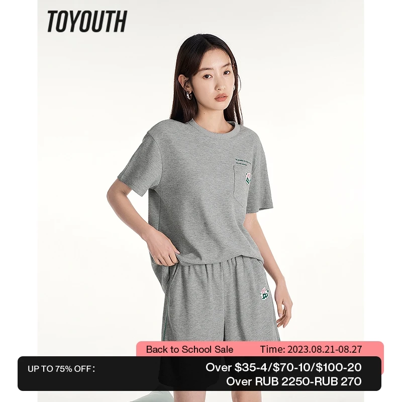 

Toyouth Women T-shirt 2023 Summer Short Sleeve Round Neck Loose Tees Waffle Fabric Purple Gray Casual Chic Design Tops