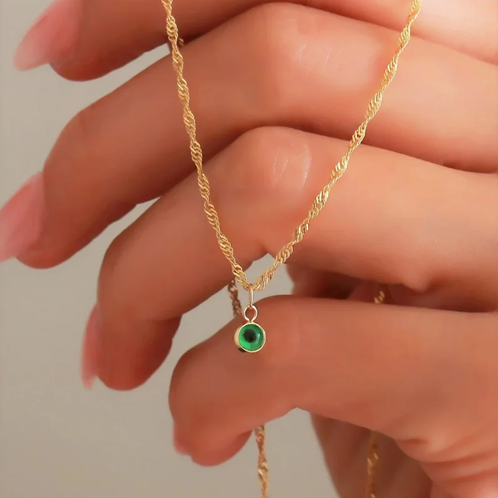 

Womens Collars Birth Stone Necklace Emerald Birthstone Beads Necklace for Female Stainless Steel Charm Colllares Chains Choker