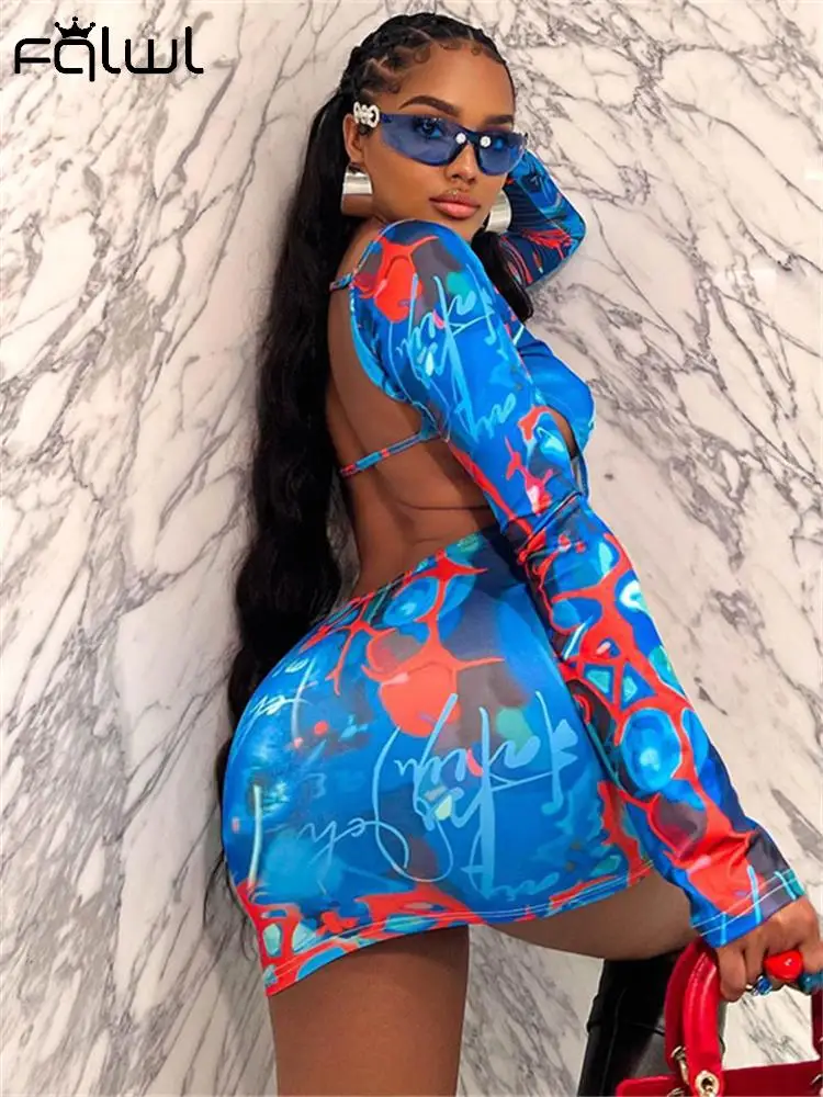 

Habbris Blue Backless Bodycon Mini Dress Beach Party Outfits For Women 2023 Fall Winter Y2k Graphic Short Dress Sexy Booty Dress