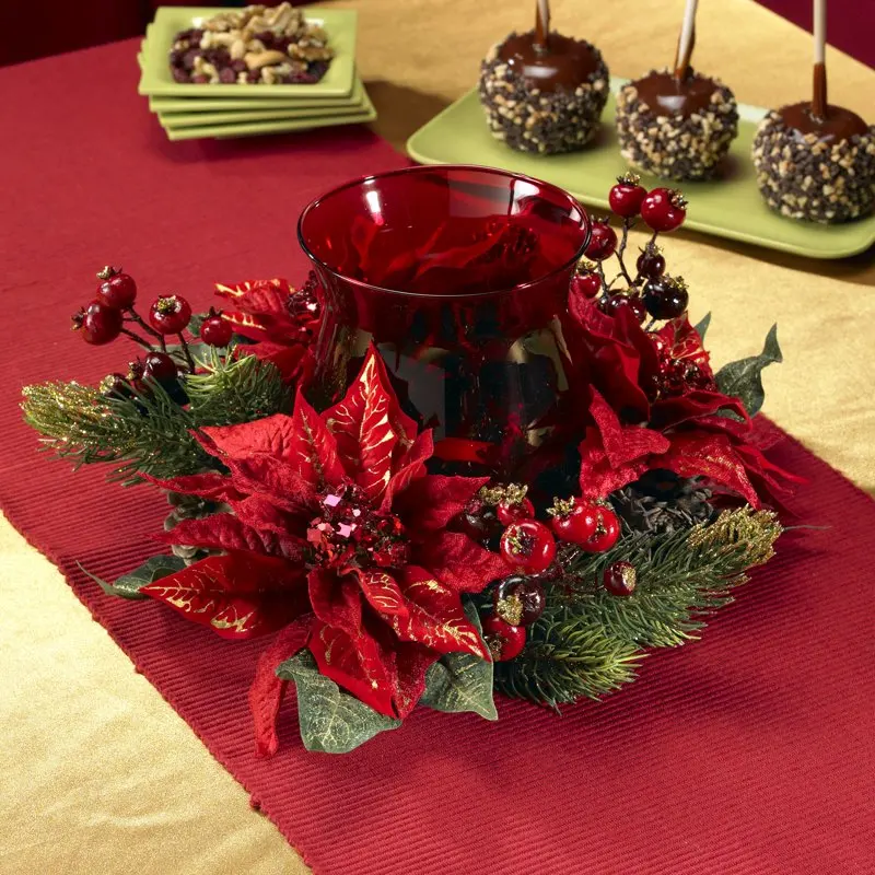 

Centerpiece Beautiful 6.5" Poinsettia & Berry Red Candelabrum Centerpiece - Enjoy a Holiday Atmosphere in Your Home or Office.