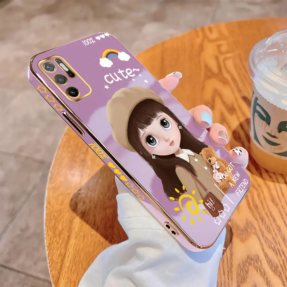

For Xiaomi Poco M3 Pro 4G 5G Luxury Square Case Cartoon Girls Plating Soft TPU Cover Shockproof Cases