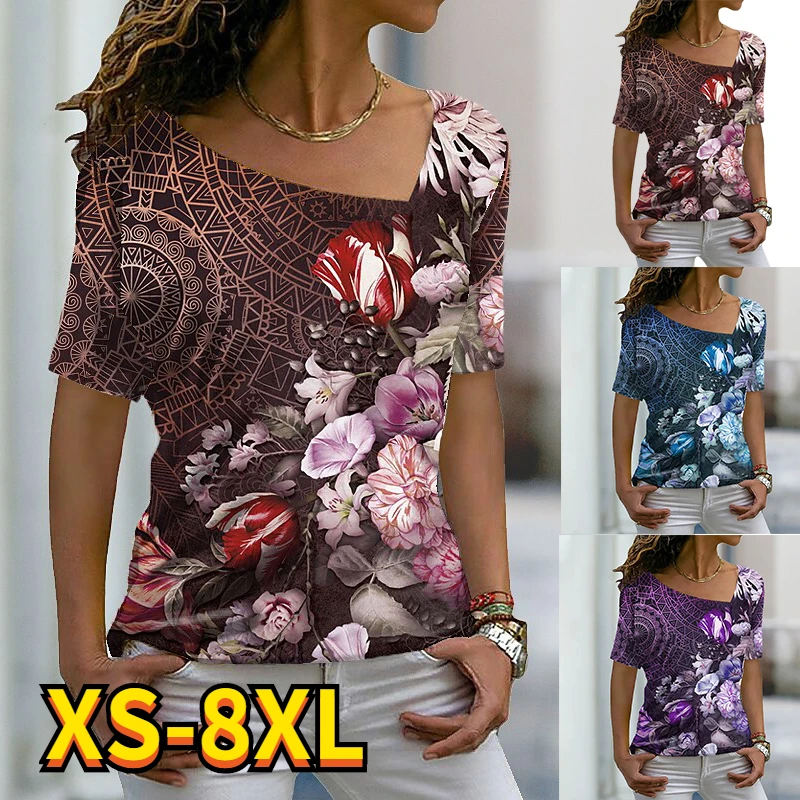 

2022 New Fashion Women's T Shirt Butterfly Bird Patchwork Print V Neck Basic Tops White / 3D Floral Print Shirt Plus Size 8XL