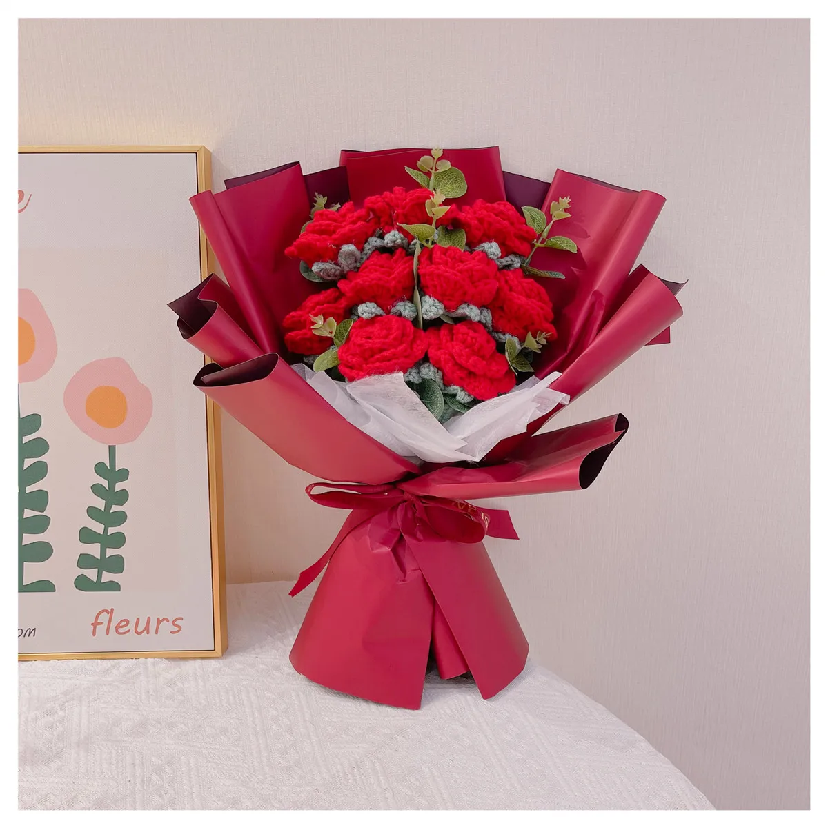 

2022 summer new rose flower woven bouquet handmade crochet wool flower Valentine's day homemade gift finished product