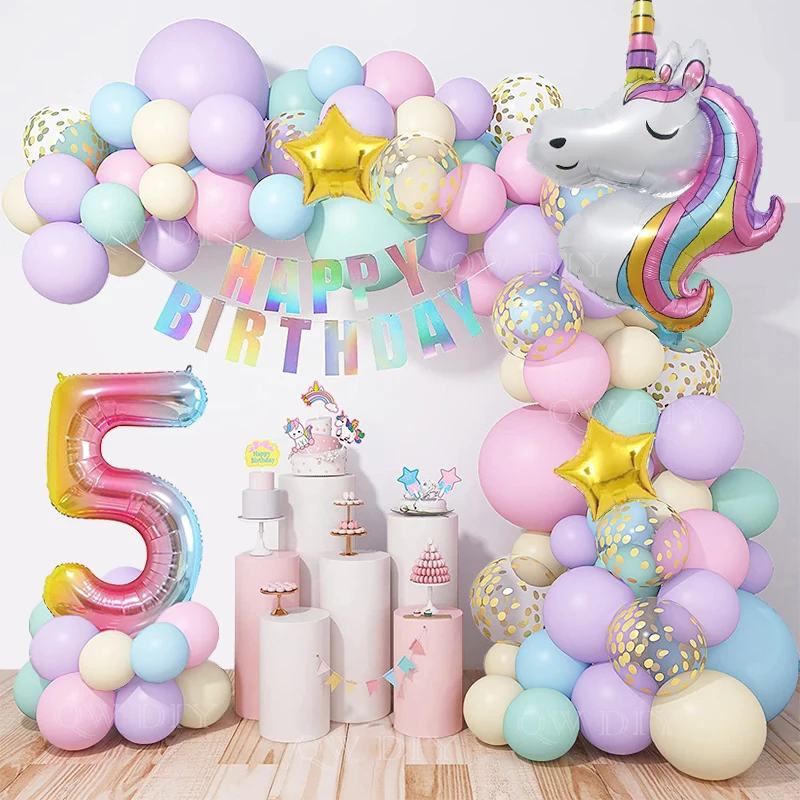 

Rainbow Large Unicorn Macaron Pastel Latex Balloon Arch Kit 5th Happy Birthday Girl Party Decoration Anniversaire Arche Ballon