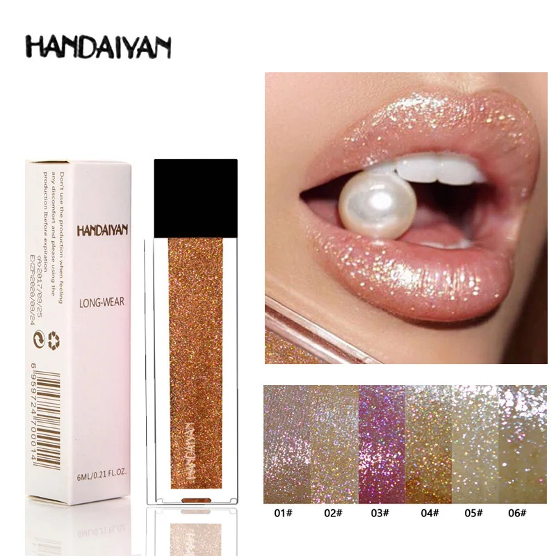 

HANDAIYAN Diamond Glitter Lip Gloss Lips Makeup Rainbow Nude Pearl Matte Liquid Lipstick Makeup Cosmetics Beauty Matt Lipgloss R